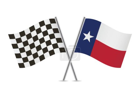 Checkered (course) et Texas ont croisé des drapeaux, isolés sur fond blanc. Ensemble d'icônes vectorielles. Illustration vectorielle.