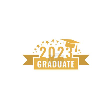 Abschluss 2023. Graduiertenparty Logo-Design. Klasse 2023 mit Mütze und Schleife. Abgangssymbole. Vektorillustration. 
