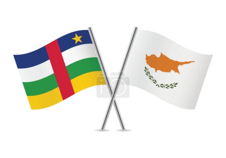 Die Zentralafrikanische Republik und Zypern kreuzten Flaggen. Centrafrique und zypriotische Flaggen auf weißem Hintergrund. Vektorsymbole gesetzt. Vektorillustration.