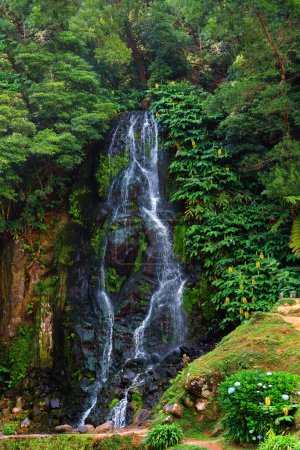 Foto de Sao Miguel Island in the Azores. Typical landscape of waterfall in flower garden. Nature as a tourist attraction and travel and vacation destination. - Imagen libre de derechos