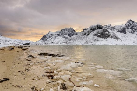 Foto de Islas Lofoten en Noruega y su hermoso paisaje de invierno al atardecer. Paisaje idílico en la playa cubierta de nieve. Atracción turística en el círculo ártico. Destino de viaje nórdico. - Imagen libre de derechos