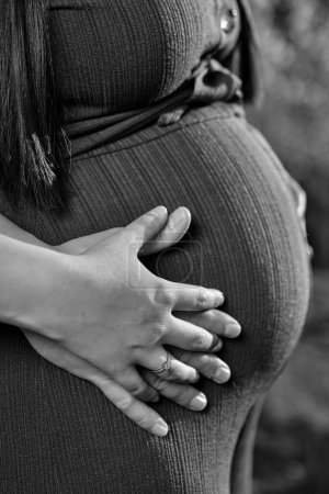 Téléchargez les photos : Mains jointes sur le ventre d'une femme enceinte. - en image libre de droit