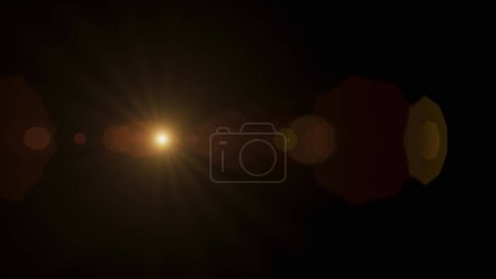 Photo for Intensely bright orange area with numerous light rays from a focal point. Different light refraction spots. Natural effect of lens flare on black background. Use in Screen blending mode. - Royalty Free Image