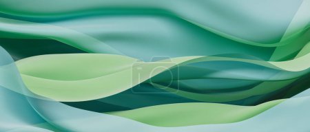 Sheer green and blue curtain with undulating folds. Fabric rippling in wind. Abstract background. 3D render.