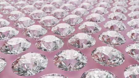 Gems on pink background. Abstract pattern. Wide angle. Gemstones are arranged in grid. Abstract background with shiny diamonds. 3D rendering.
