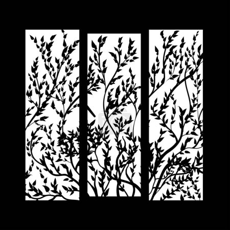 Téléchargez les illustrations : Silhouette de fenêtre et branches de buissons sur fond noir. Masque Gobo pour source lumineuse. Modèle vectoriel pour lumière 3D - en licence libre de droit