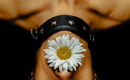 Foto de Hombre adulto en un collar de cuero negro con una flor de margarita en la boca sobre un fondo negro - Imagen libre de derechos