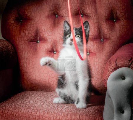 Photo for Black and white outbred kitten on a red sofa plays with a ribbon - Royalty Free Image