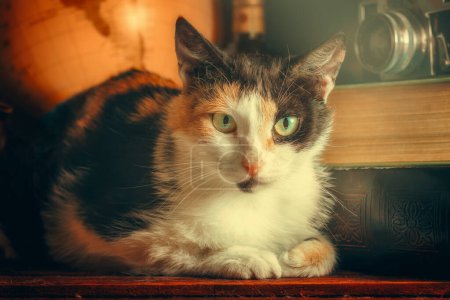 tricolor adult cat among old things in the sunlight