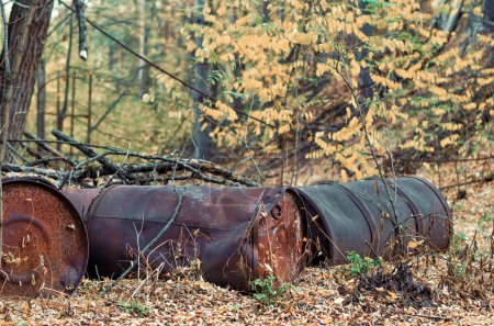 Photo for Barrels of chemical waste in the forest in Chernobyl Ukraine in autumn - Royalty Free Image