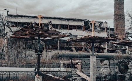Photo for Destroyed buildings of the workshop of the Azovstal plant in Mariupol war in Ukraine with Russia - Royalty Free Image