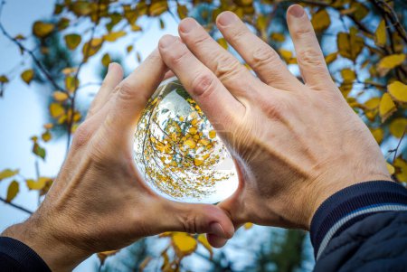 glass ball with the reflection of yellow leaves and tree branches in male hands