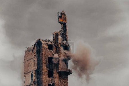 hit and explosion of a combat military missile in a residential building war in Ukraine with Russia