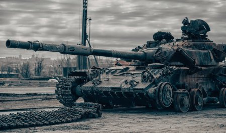 Beschädigter Militärpanzer auf der Straße der Stadt Krieg in der Ukraine mit Russland