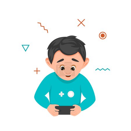 Photo for Little boy character with smartphone in hands. Addiction of smart technologies. Cartoon vector Illustration - Royalty Free Image