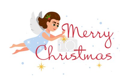 Photo for Christmas Angel flying in sky and decorates the inscription Merry Christmas. Vector cartoon illustration - Royalty Free Image
