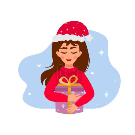 Photo for Happy girl with New Year's red cap hugging present box. Happy New Year mood. Flat vector illustration. - Royalty Free Image