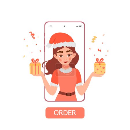 Photo for Illustration with girl holding presents in the phone . Concept of online gifts. Ordering gifts for the new year - Royalty Free Image