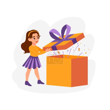Photo for Girl opening gift box and looking at festive confetti thrown out of it. Concept of birthday or New Year party. Flat colorful vector illustration for banner, poster. - Royalty Free Image