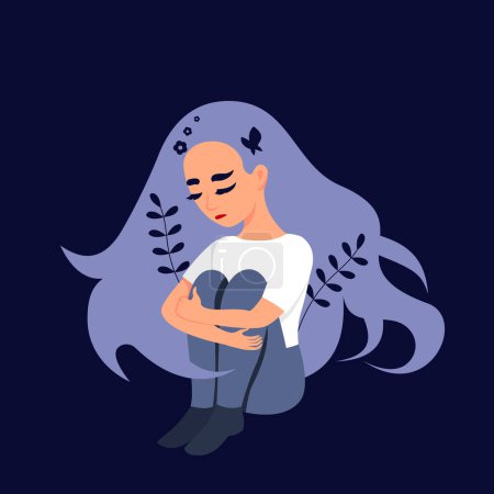 Photo for Sad lonely girl sitting and hugging her knees. Depressed teenager. Colorful vector illustration in flat cartoon style - Royalty Free Image