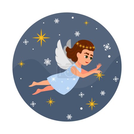 Photo for Cute christmas angel with a stars and snowflakes on a blue background. Christmas card - Royalty Free Image