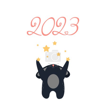 Photo for Cute black bunny with stars wishes a Happy New Year 2023. Year of the Rabbit. Vector illustration - Royalty Free Image