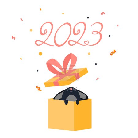 Photo for Cute black bunny in gift box wishes a Happy New Year 2023. Year of the Rabbit. Vector illustration - Royalty Free Image