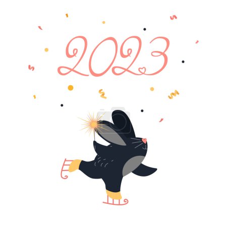 Photo for Cute black bunny skates and wishes a Happy New Year 2023. Year of the Rabbit. Vector illustration - Royalty Free Image