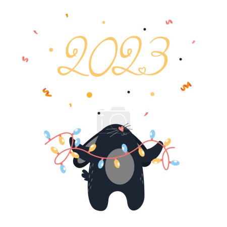 Photo for Cute black bunny with tree wishes a Happy New Year 2023. Year of the Rabbit. Vector illustration - Royalty Free Image