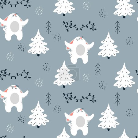 Photo for Seamless vector pattern with rabbits in the forest. Winter time. - Royalty Free Image