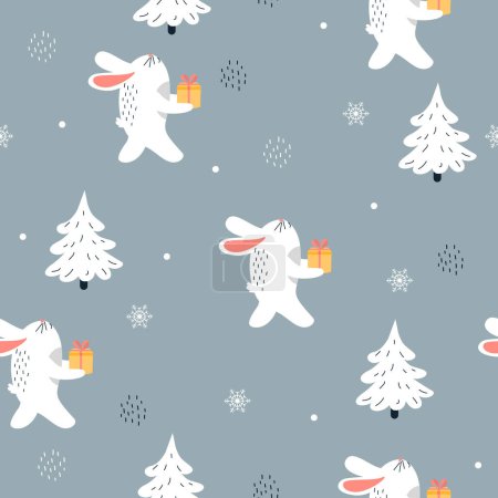 Photo for Seamless vector pattern with rabbits in the forest holding gift box. Winter time. - Royalty Free Image