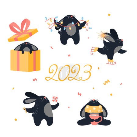 Photo for Black rabbit collection on white background. New Year 2023 cute cartoon Chinese symbol. Collection of vector bunny character - Royalty Free Image