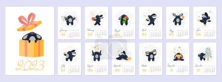 Photo for Calendar template for 2023 with cute bunny. Editable illustration page template A4, A3, set of 12 months with cover. Vector mesh. Week starts on Sunday. - Royalty Free Image