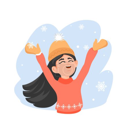 Little girl raised her hands and rejoices at the snowfall. Hello winter. Vector illustration
