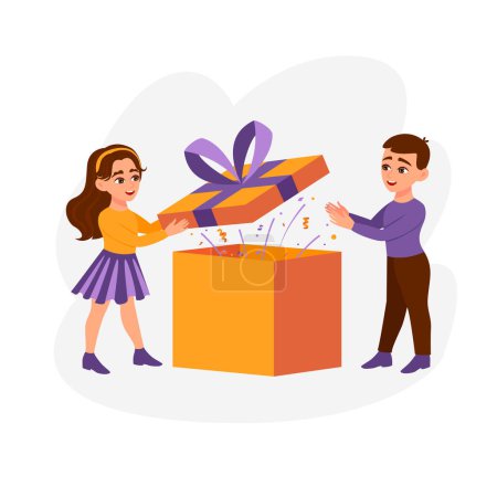 Photo for Children opening gift box and looking at festive confetti thrown out of it. Concept of birthday or New Year party. Flat colorful vector illustration for banner, poster. - Royalty Free Image
