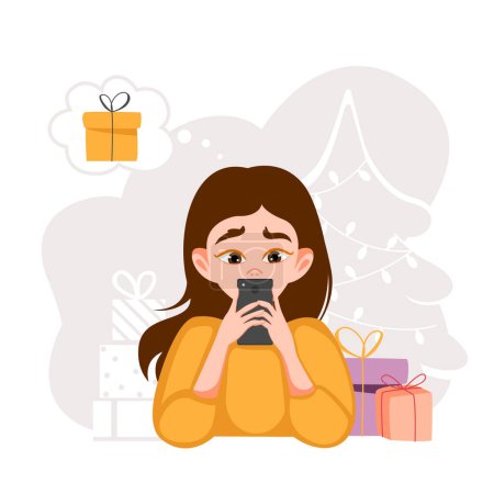 Photo for New Year's and Christmas online shopping from home. girl buys gifts in an online store, vector illustration in flat style - Royalty Free Image
