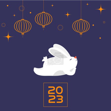 Photo for Lying white rabbit with chinese lanterns. Chinese new year 2023 -  year of the rabbit - Royalty Free Image
