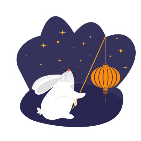 Photo for Cute white rabbit with chinese lantern isolated on white background. Flat vector illustration - Royalty Free Image