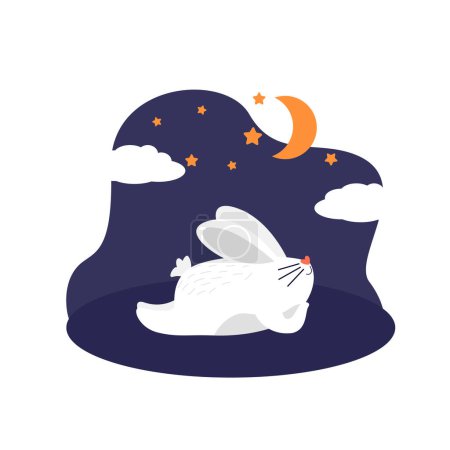 Photo for White rabbit lies and looks at the sky with stars. Flat vector illustration - Royalty Free Image