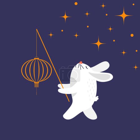 Photo for Cute white rabbit with chinese lantern. Flat vector illustration - Royalty Free Image