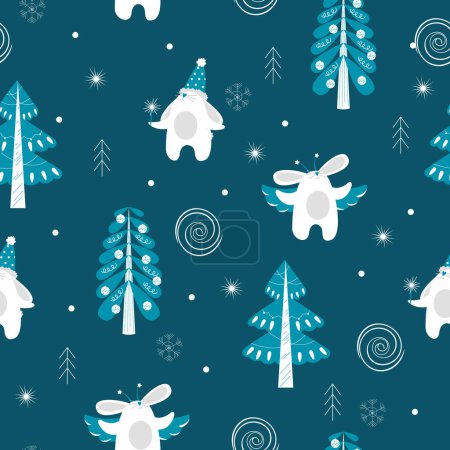 Photo for Seamless vector pattern with rabbits in the forest. Christmas time. - Royalty Free Image