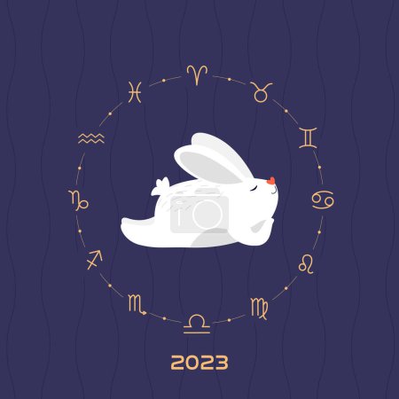 Photo for Lying white rabbit in circle of astrological signs. Chinese new year 2023 -  year of the rabbit - Royalty Free Image