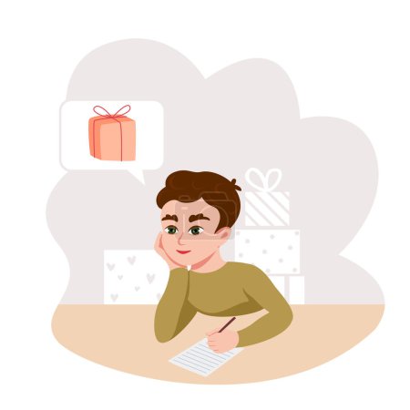 Photo for Little boy writing a wish list, dreaming about gift. Vector cartoon illustration - Royalty Free Image