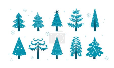 Photo for Vector set of drawing Christmas trees, pines in blue tones for greeting card. New Years and xmas traditional symbol tree with garlands, light bulb, star. - Royalty Free Image