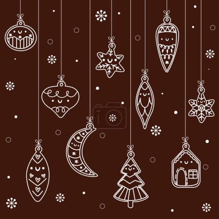 Photo for Hanging decorations in one line drawing, Christmas background for card or banner. Vector illustration - Royalty Free Image