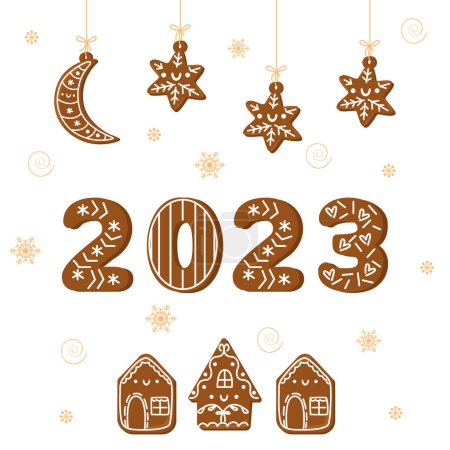 Photo for 2023 and cute traditional holiday gingerbread cookies. Cartoon hand drawn vector isolated on white background. - Royalty Free Image