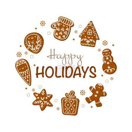 Photo for Happy Holiday text in round frame made of gingerbread cookies. Cartoon hand drawn vector isolated on white background. - Royalty Free Image