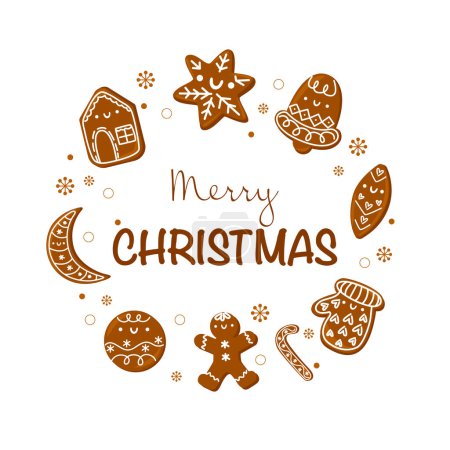 Photo for Merry Christmas text in round frame made of gingerbread cookies. Cartoon hand drawn vector isolated on white background. - Royalty Free Image