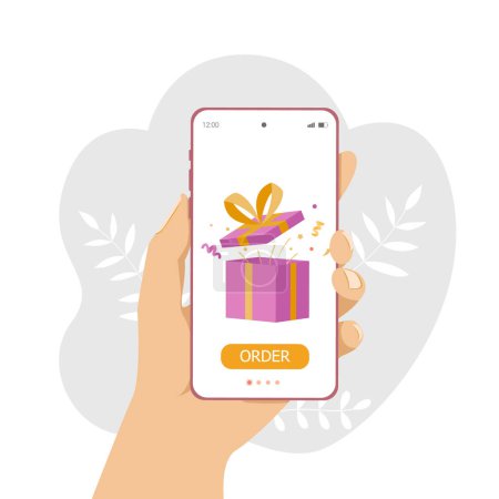 Photo for Phone in the hand. Online shopping concept in mobile app. Ordering gifts online from home. Flat illustration. - Royalty Free Image