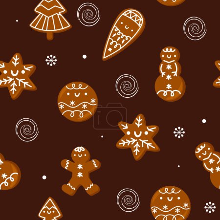 Photo for Various tasty gingerbread cookies. Hand drawn colored vector seamless pattern. Holiday trendy illustration. - Royalty Free Image